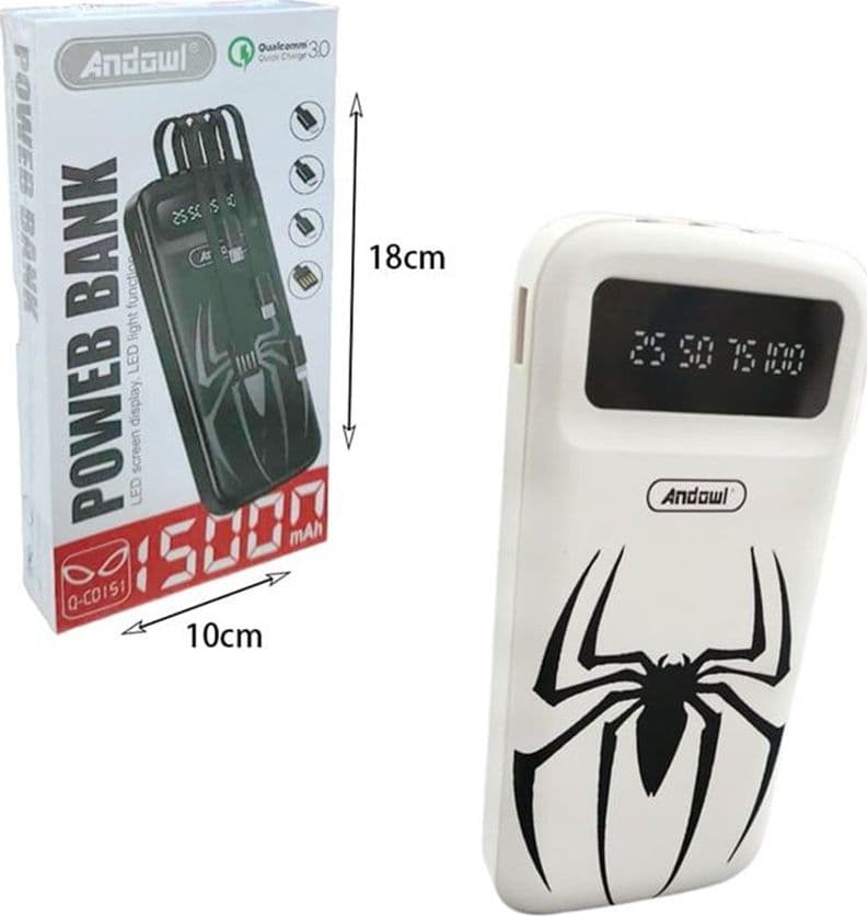 POWER BANK PORTATILE Q-CD151 15000MAH CON LUCE DISPLAY A LED CAVI INTEGRATI DESIGN RAGNO - 6