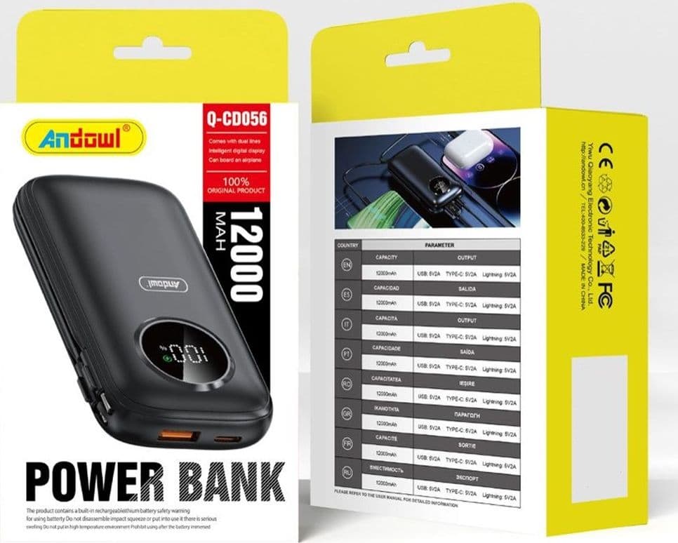 POWER BANK Q-CD056 DA 12000 MAH CON DISPLAY DIGITALE INTELLIGENTE CAVI INTEGRATI - 2