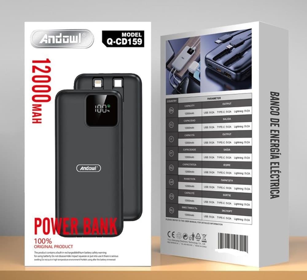 POWER BANK DA 12000 MAH CON CAVI TYPE-C LIGHTNING RICARICA RAPIDA DISPLAY DIGITALE Q-CD159 - 2