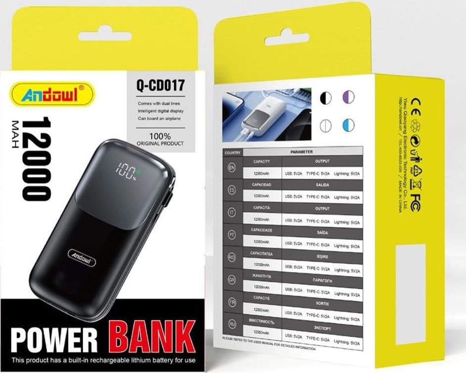POWER BANK PORTATILE 12000MAH DISPLAY LED DIGITALE INTELLIGENTE CAVI INTEGRATI Q-CD017 - 2