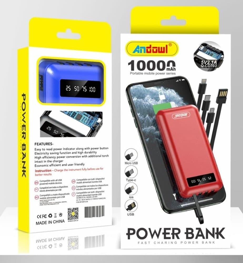 POWER BANK PORTATILE RICARICA RAPIDA CON CAVI MICRO USB TYPE-C IOS USB 10000MAH Q-CD703 - 2