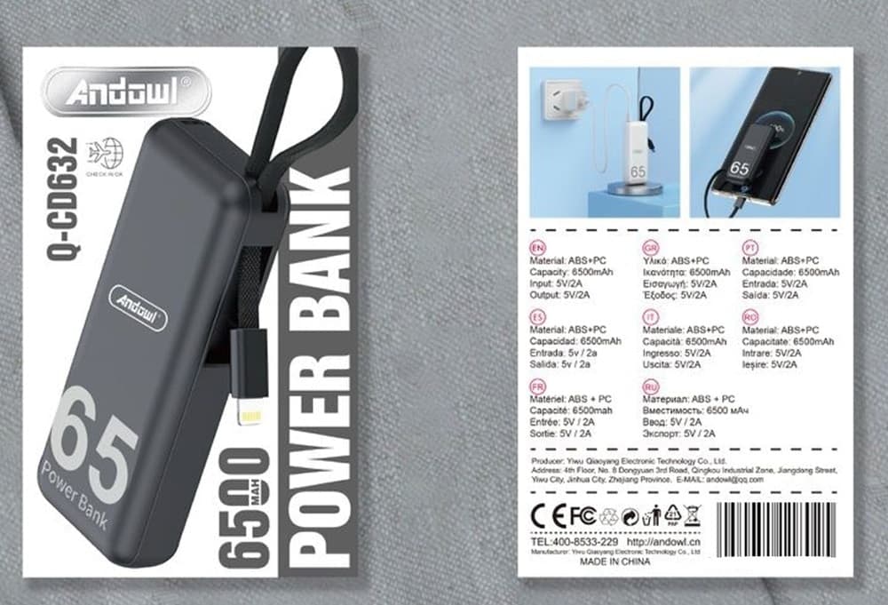 POWER BANK PORTATILE MINI BATTERIA ESTERNA 6500MAH RICARICA RAPIDA CAVO LIGHTNING Q-CD632 - 2
