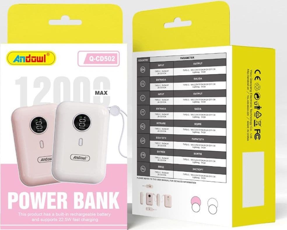 POWER BANK PORTATILE 12000MAH RICARICA RAPIDA 22.5W PORTE TYPE-C LIGHTNING DISPLAY Q-CD502 - 2