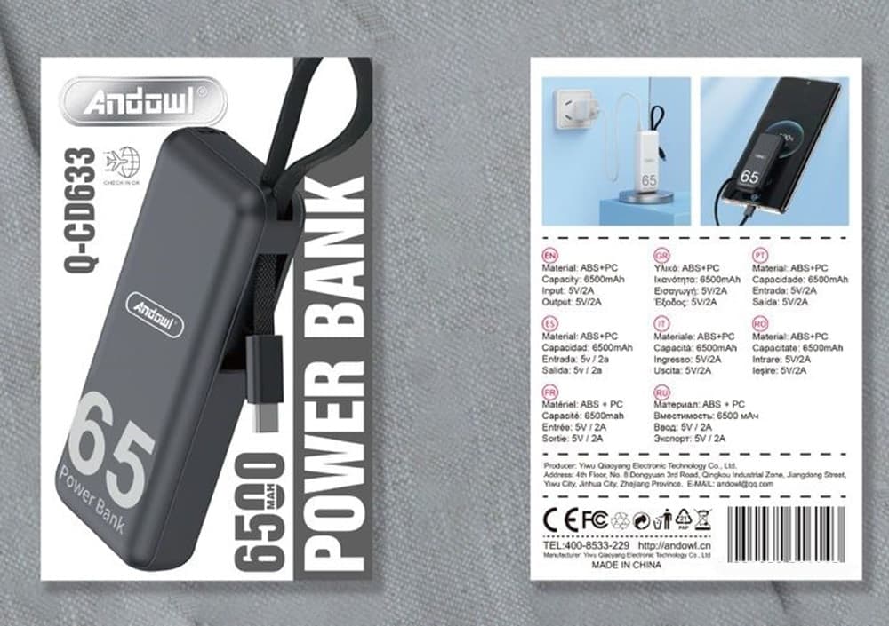 POWER BANK PORTATILE MINI BATTERIA ESTERNA 6500MAH RICARICA RAPIDA CAVO TYPE-C Q-CD633 - 6
