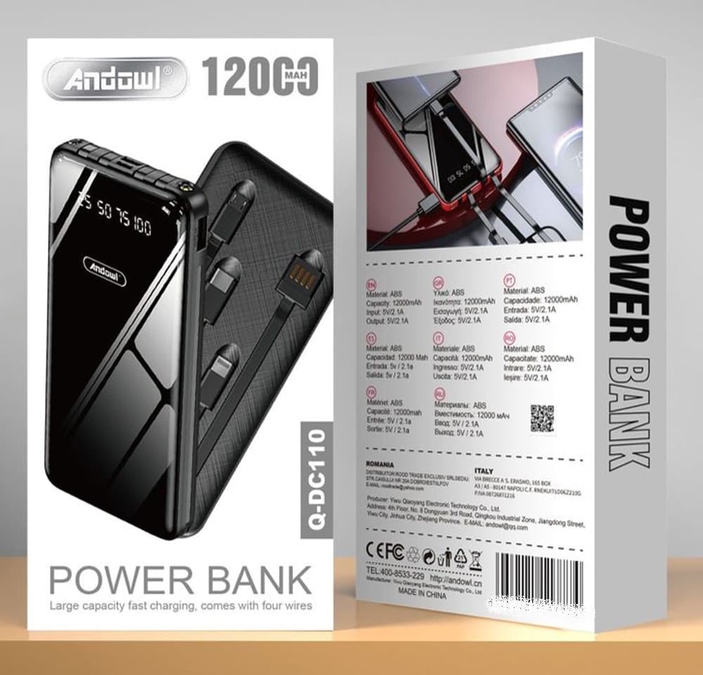 POWER BANK 12000 MAH CON PORTA USB CAVI INTEGRATI DISPLAY LED RICARICA RAPIDA Q-DC110 - 2