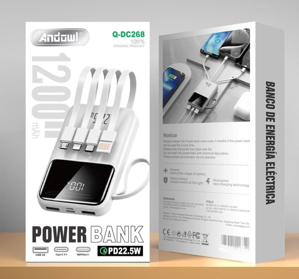 POWER BANK A RICARICA RAPIDA 12000MAH PD22,5W CON 4 CAVI INTEGRATI DISPLAY LED Q-DC268 - 2