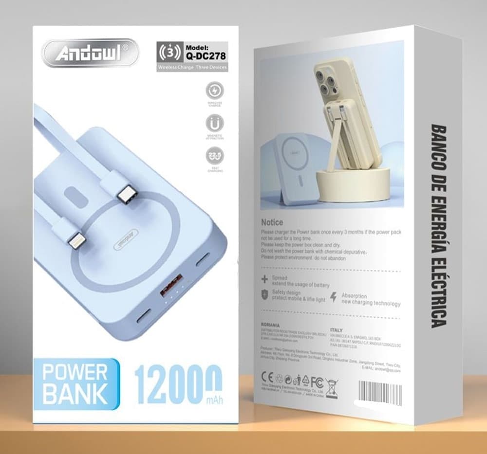 POWER BANK MAGNETICO WIRELESS 12000MAH RICARICA RAPIDA 22,5W SUPPORTO NASCOSTO CAVI Q-DC278 - 2