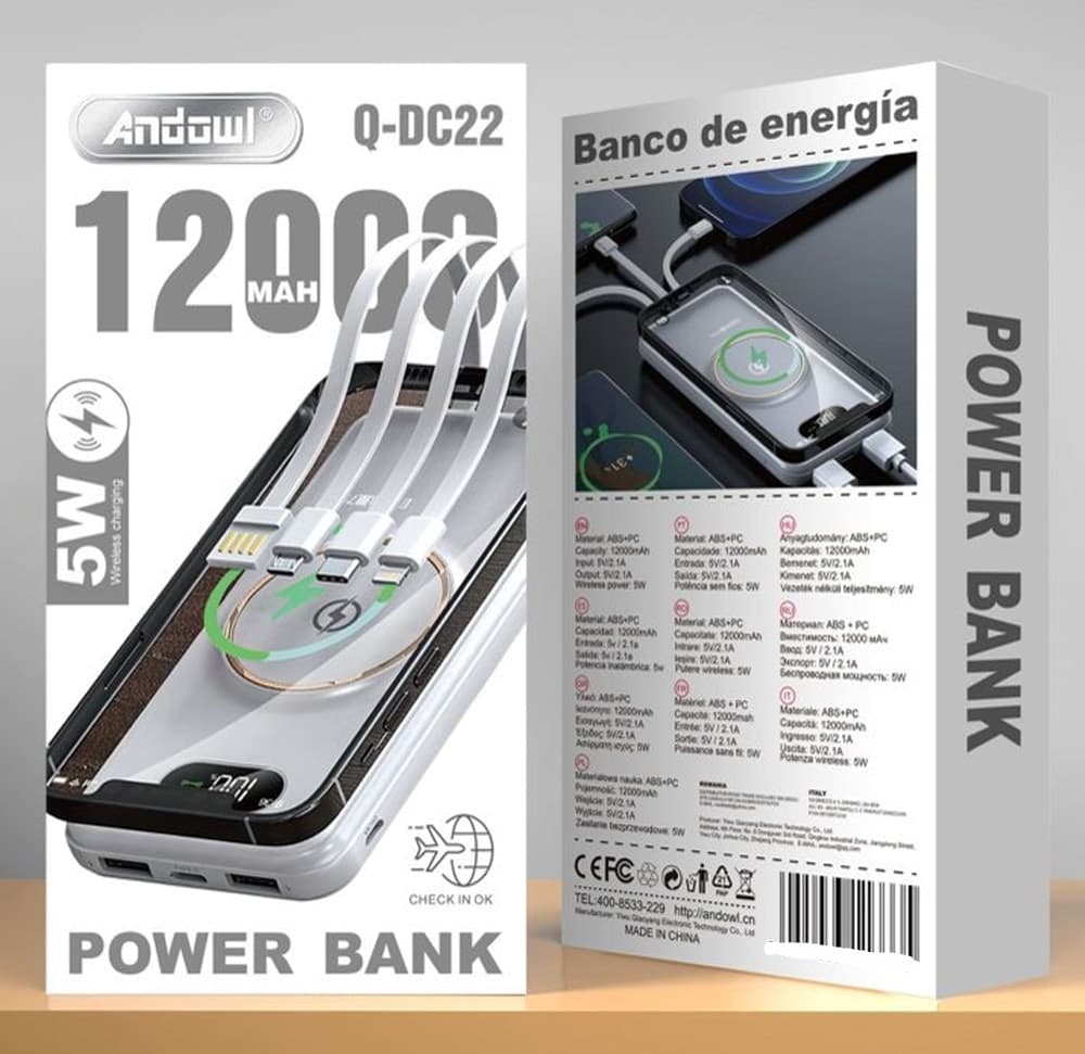 POWER BANK 12000MAH CON RICARICA MAGNETICA WIRELESS DA 5W CAVI INTEGRATI MULTITIPO Q-DC22 - 3