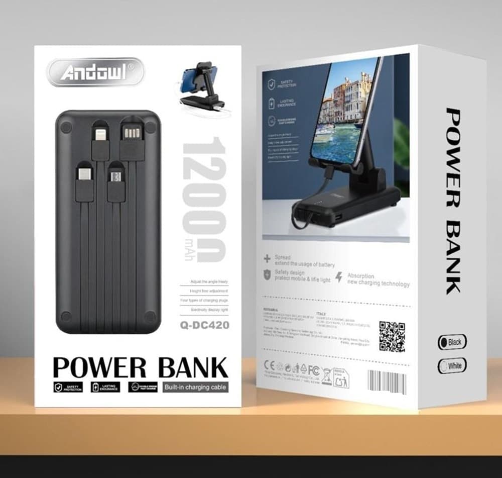 POWER BANK PORTATILE 12000MAH CON SUPPORTO PER SMARTPHONE CAVI RICARICA INTEGRATI Q-DC420 - 3