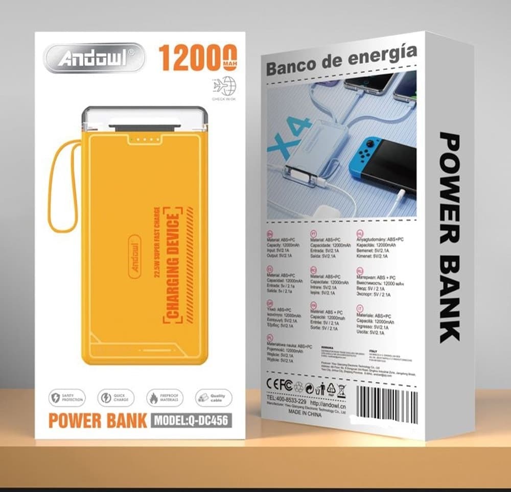 POWER BANK PORTATILE A RICARICA RAPIDA DA 12000 MAH CON LUCE LED 4 CAVI INTEGRATI Q-DC456 - 2