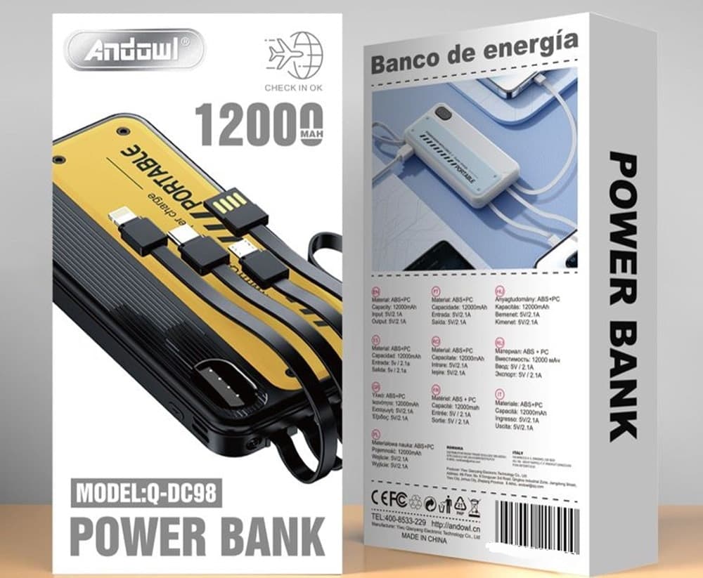 POWER BANK PORTATILE Q-DC98 12000MAH 10,5W 5V/2.1A CON CAVI INTEGRATI INDICATORI LED - 2