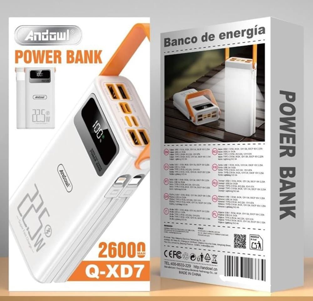 POWER BANK RICARICA RAPIDA 22,5W 26000MAH 4 PORTE USB + 3 TYPE-C MANIGLIA TRASPORTO Q-XD7 - 2