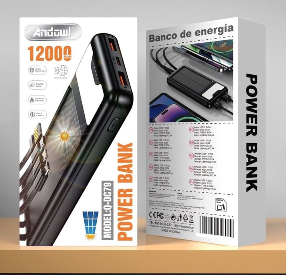 POWER BANK SOLARE A RICARICA RAPIDA 12000MAH CON PORTE USB TYPE-C 4 CAVI INTEGRATI Q-DC79 - 2