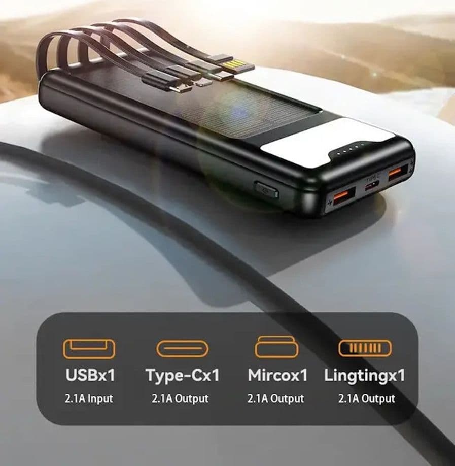 POWER BANK SOLARE A RICARICA RAPIDA 12000MAH CON PORTE USB TYPE-C 4 CAVI INTEGRATI Q-DC79 - 3