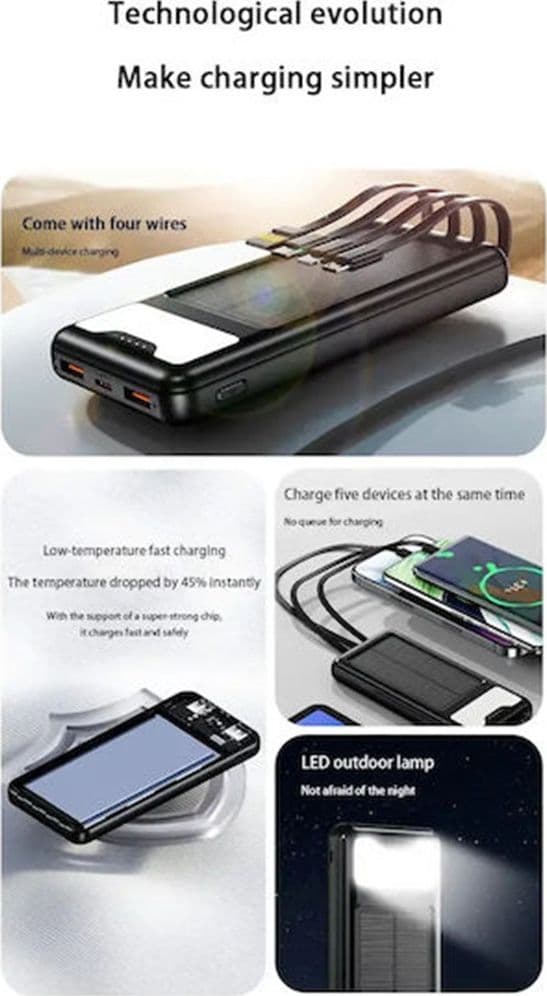POWER BANK SOLARE A RICARICA RAPIDA 12000MAH CON PORTE USB TYPE-C 4 CAVI INTEGRATI Q-DC79 - 6