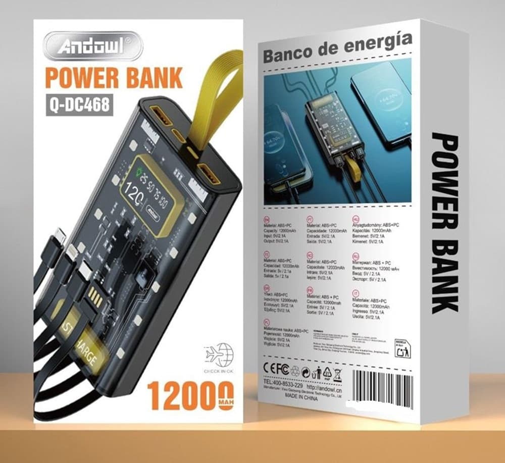 POWER BANK PORTATILE DESIGN TRASPARENTE CON CAVI RICARICA INTEGRATI 12000 MAH Q-DC468 - 5