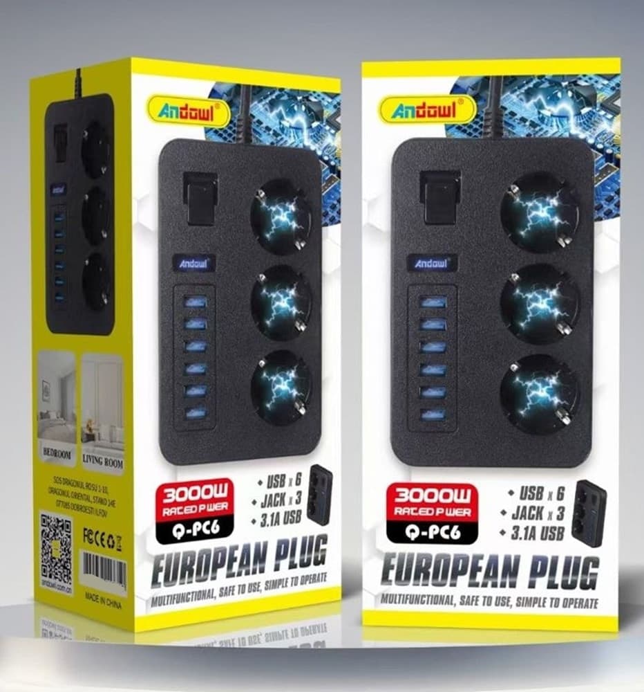 MULTIPRESA CON 6 PORTE USB + 3 PRESE SCHUKO CON INTERRUTTORE RICARICA RAPIDA 3,1A Q-PC6 - 2