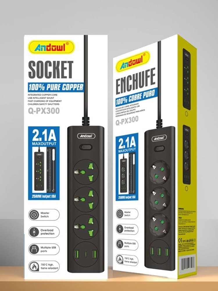CIABATTA MULTIPRESA ELETTRICA 3 PRESE+2 PORTE USB RICARICA RAPIDA CON INTERRUTTORE Q-PX300 - 2