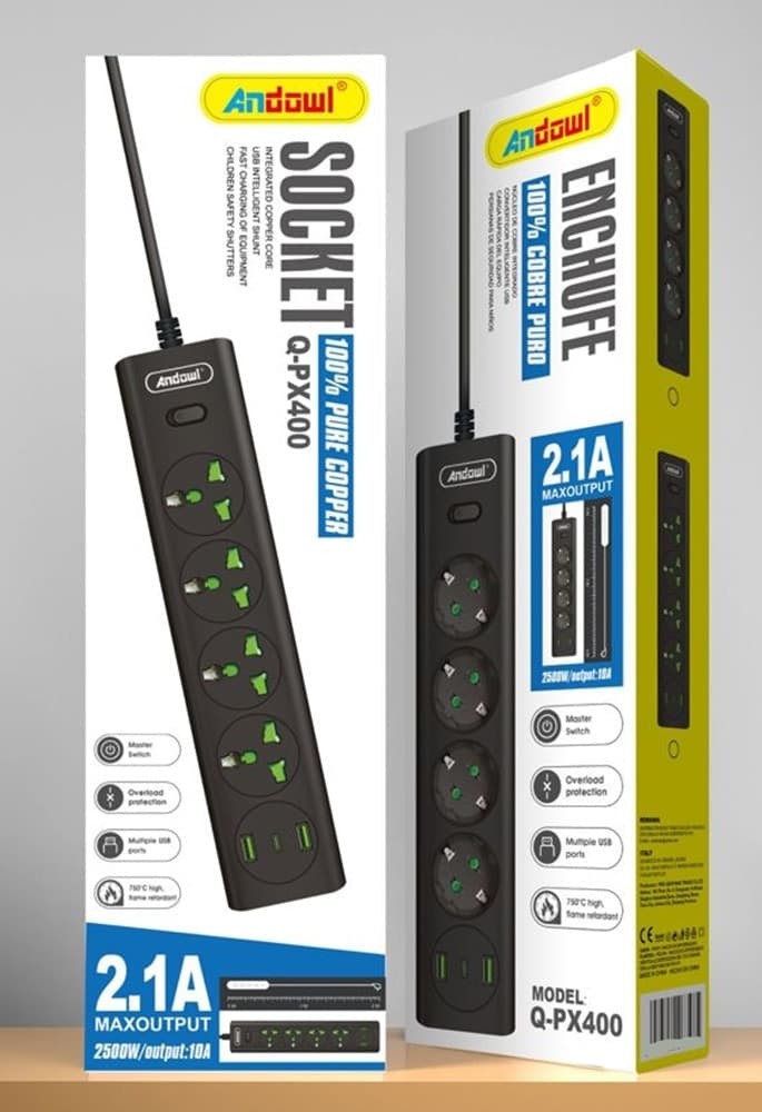 CIABATTA MULTIPRESA ELETTRICA 4 PRESE+2 PORTE USB RICARICA RAPIDA CON INTERRUTTORE Q-PX400 - 2