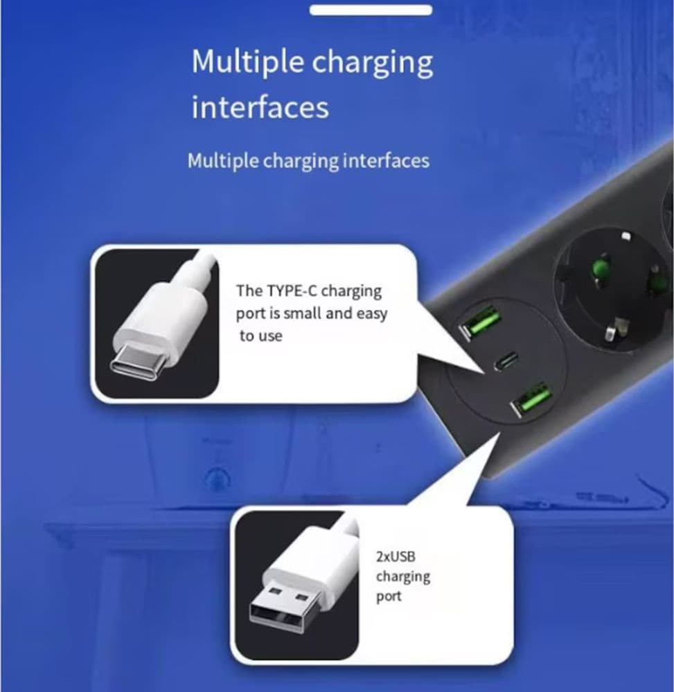 CIABATTA MULTIPRESA ELETTRICA 4 PRESE+2 PORTE USB RICARICA RAPIDA CON INTERRUTTORE Q-PX400 - 3