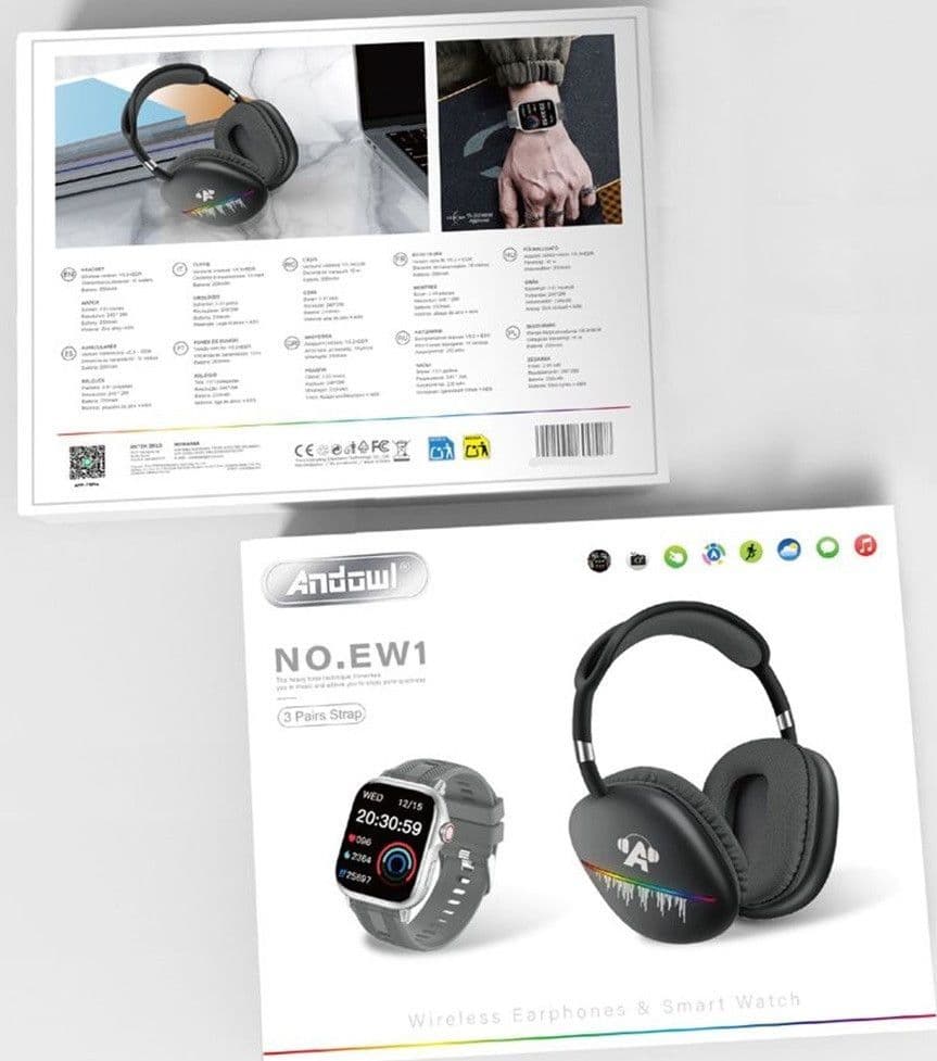 SET CUFFIE WIRELESS BLUETOOTH OVER-EAR + SMARTWATCH CON 3 CINTURINI INTERCAMBIABILI EW1 - 2