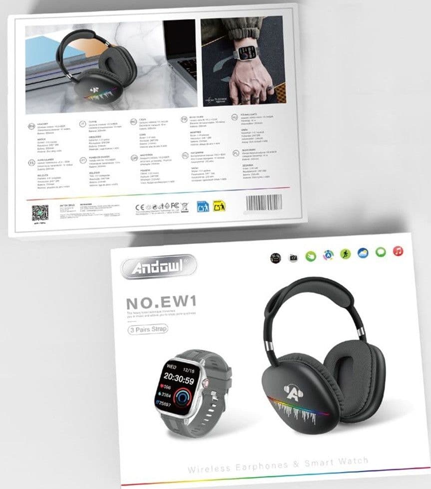 SET CUFFIE WIRELESS BLUETOOTH OVER-EAR + SMARTWATCH CON 3 CINTURINI INTERCAMBIABILI EW1 - 2