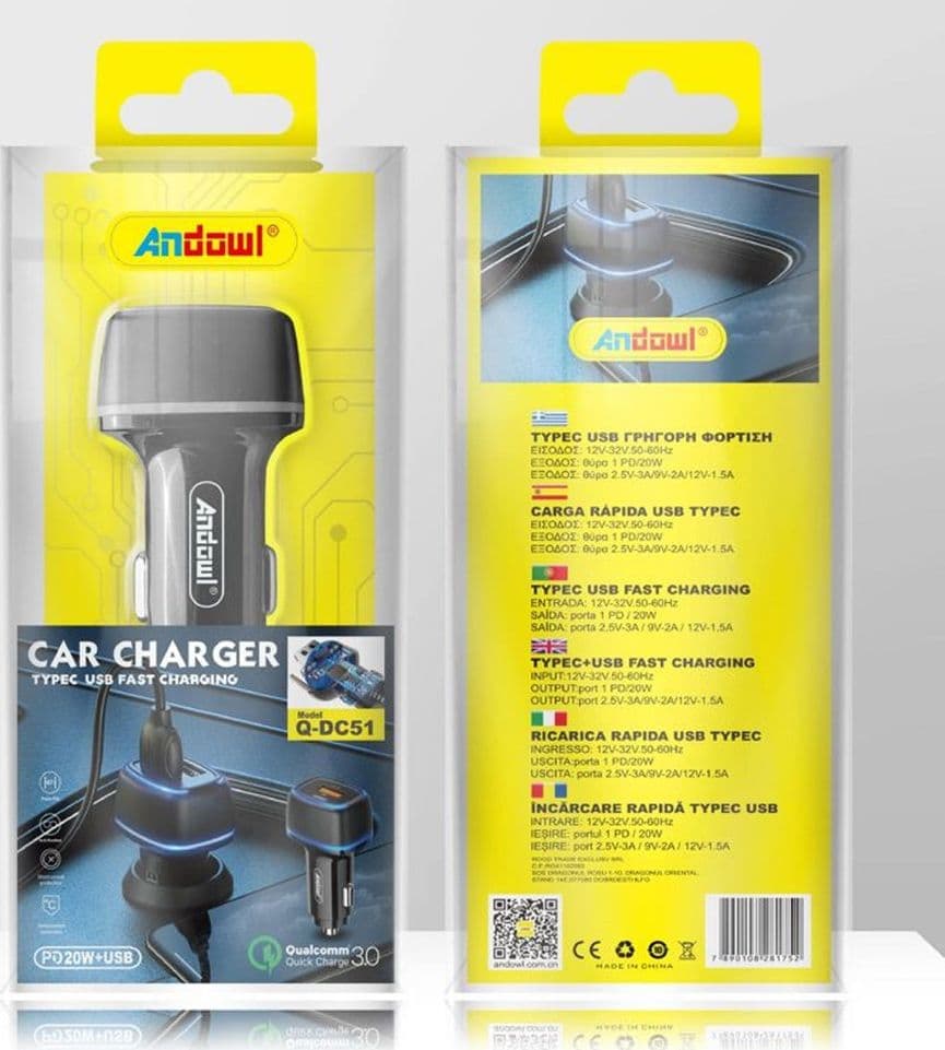 CARICABATTERIE DA AUTO Q-DC51 RICARICA RAPIDA PD 20W QUICK CHARGE 3.0 2 PORTE USB TYPE-C - 2