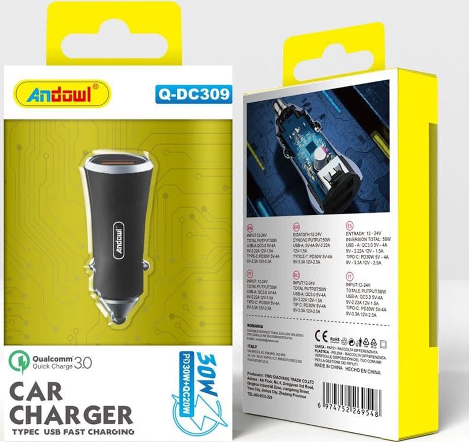 CARICABATTERIE PER AUTO RICARICA RAPIDA PD30W QC3.0 20W 3A PORTE 1XUSB / 1XTYPE-C Q-DC309 - 2