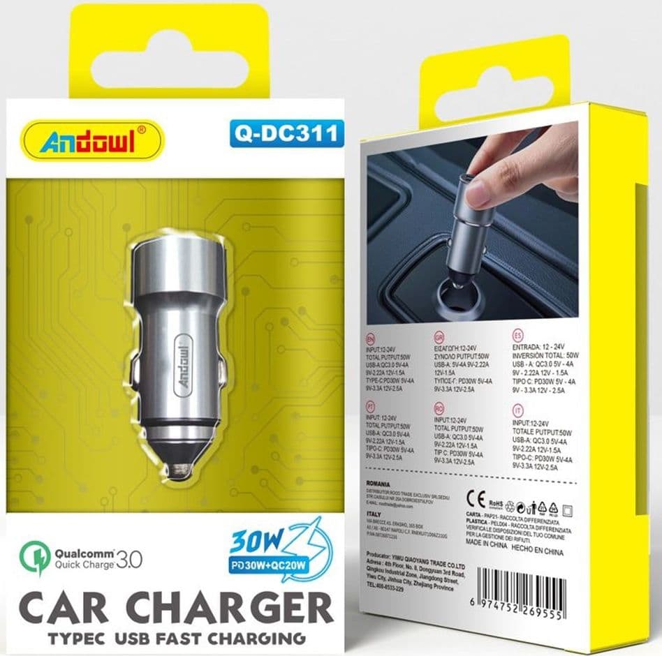CARICABATTERIE AUTO 30W PORTA USB TYPE-C RICARICA RAPIDA QUALCOMM QUICK CHARGE 3.0 Q-DC311 - 2