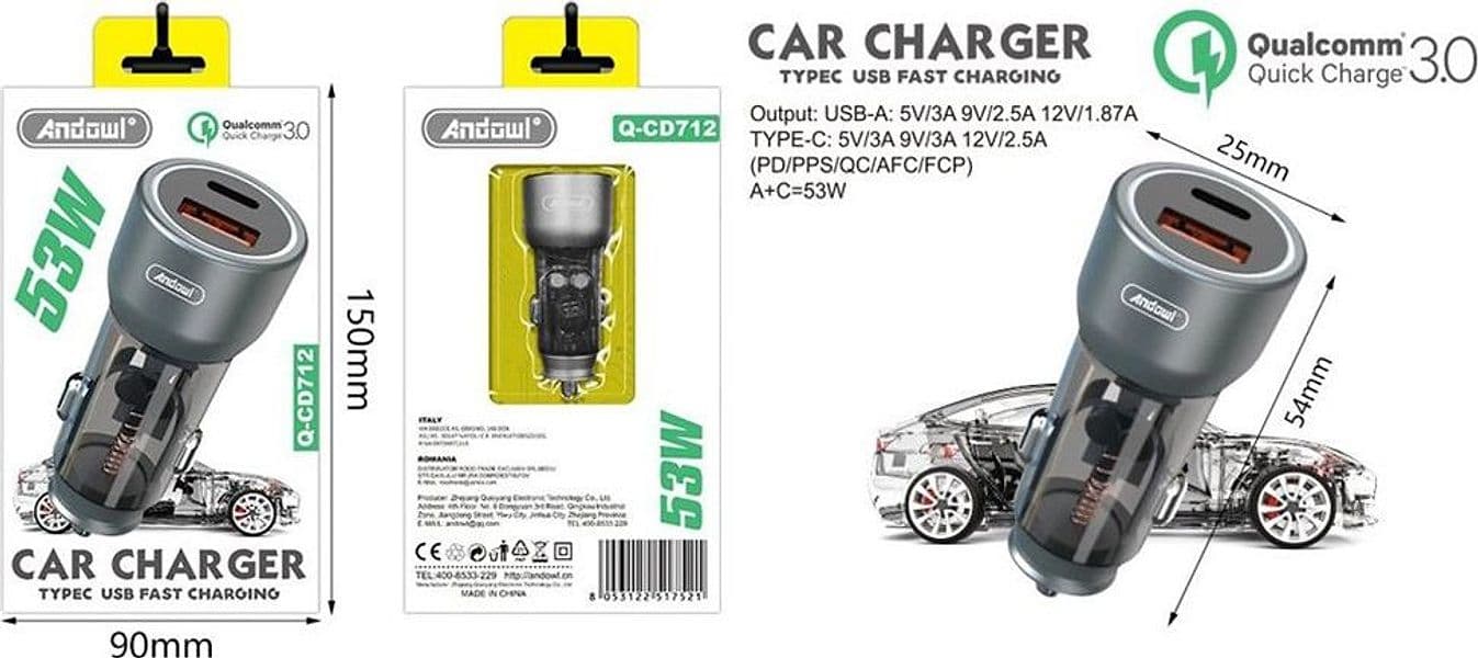 CARICABATTERIE PER AUTO RICARICA RAPIDA PD 53W PORTE USB/TYPE-C QUICK CHARGE 3.0 Q-CD712 - 2