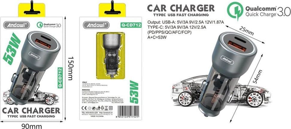 CARICABATTERIE PER AUTO RICARICA RAPIDA PD 53W PORTE USB/TYPE-C QUICK CHARGE 3.0 Q-CD712 - 2