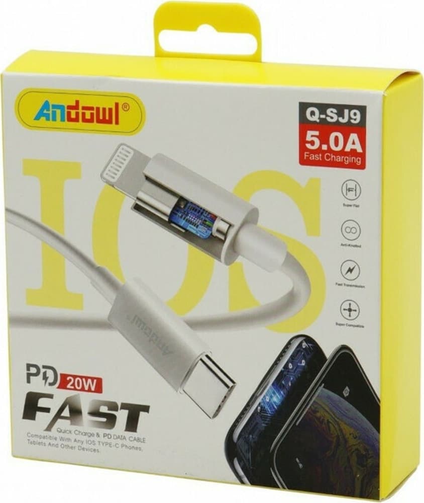 CAVO DI RICARICA RAPIDA PD 20W 5.0A Q-SJ9 DA USB TIPO AC A LIGHTNING 1 MT PER IPHONE - 3