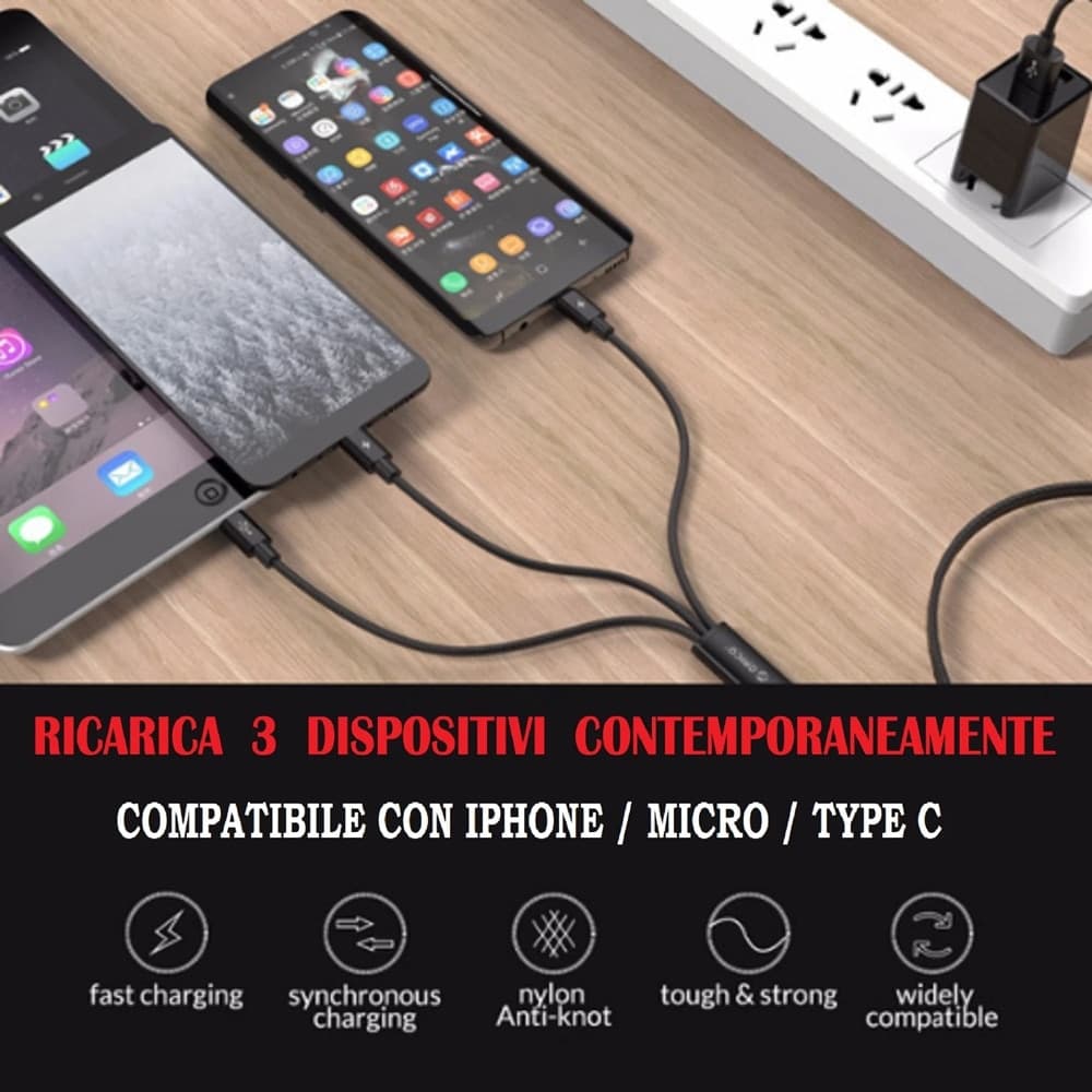 CAVO DATI 3IN1 RICARICA RAPIDA 5.1A DA USB A MICRO USB TYPE-C LIGHTNING DA 1,2MT Q-SJ665 - 5