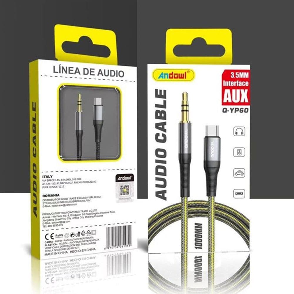 CAVO AUDIO MASCHIO DA TYPE-C A JACK AUX 3,5 MM DA 1 MT INTRECCIATO IN NYLON Q-YP60 - 2