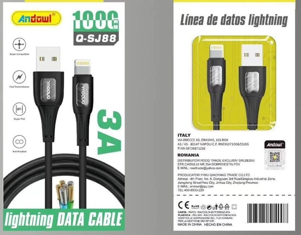 CAVO RICARICA TRASFERIMENTO DATI DA USB A CONNETTORE LIGHTNING 3A DA 1 METRO Q-SJ88 - 2