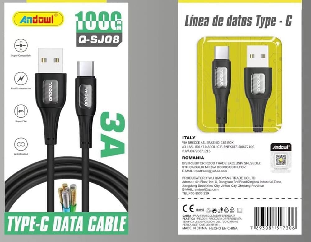 CAVO RICARICA TRASFERIMENTO DATI DA USB 2.0 A CONNETTORE TYPE-C 3A DA 1 METRO Q-SJ08 - 2