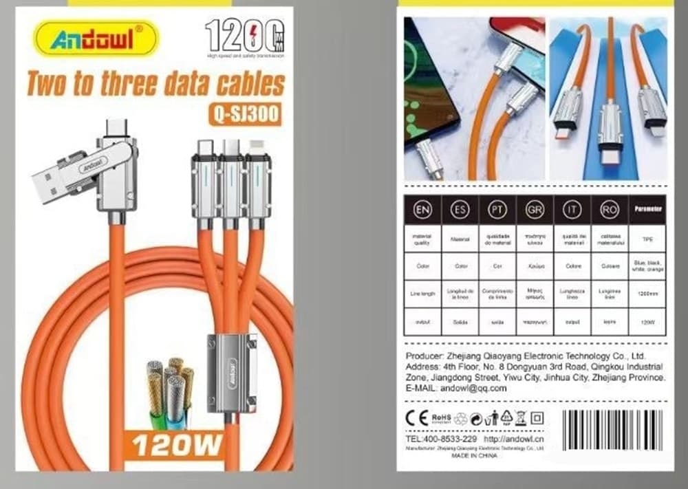 CAVO DATI RICARICA RAPIDA USB MULTIPORTA UNIVERSALE DA 120W DUE IN TRE DA 1.2MT Q-SJ300 - 2