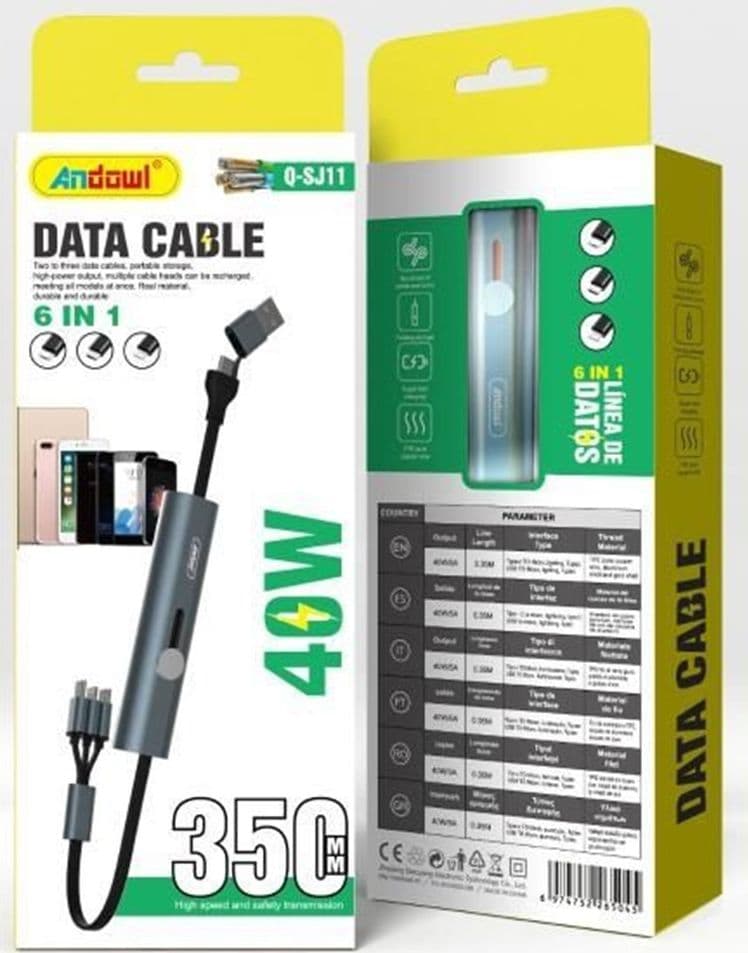 CAVO DI RICARICA TRASFERIMENTO DATI 6 IN 1 DA USB A MICRO USB/LIGHTNING/TYPE-C 40W Q-SJ11 - 2