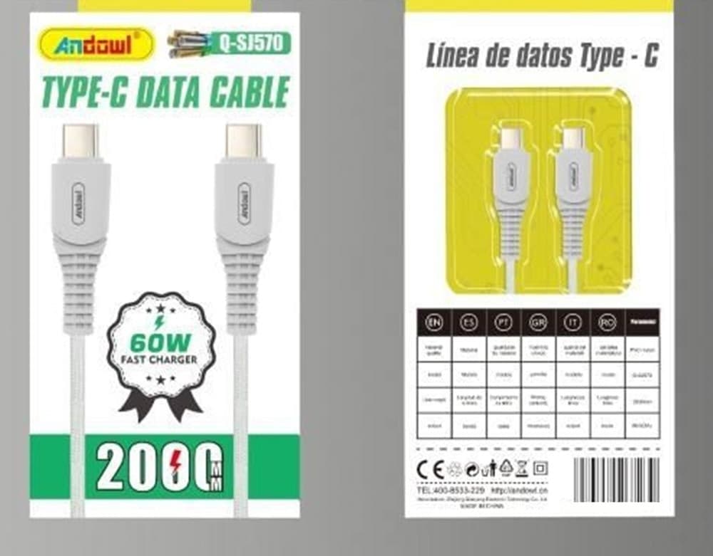 CAVO TRASFERIMENTO DATI RICARICA VELOCE TYPE-C A TYPE-C 60 W DA 2MT RESISTENTE Q-SJ570 - 2