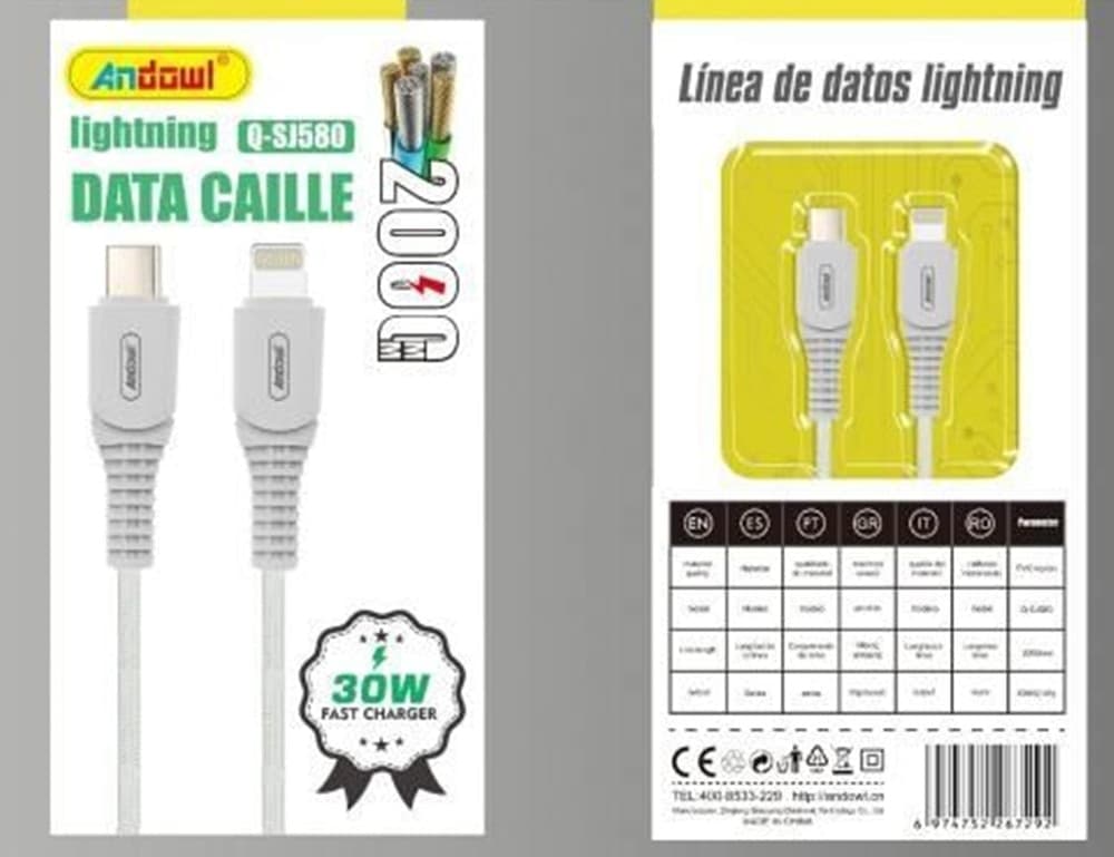 CAVO TRASFERIMENTO DATI RICARICA VELOCE DA TYPE-C A LIGHTNING 30W 2MT RESISTENTE Q-SJ580 - 2