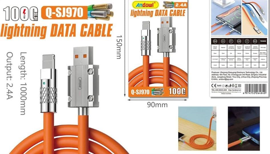 CAVO PER TRASFERIMENTO DATI RICARICA RAPIDA Q-SJ970 CONNETTORE DA USB A LIGHTNING 2.4A 1MT - 2
