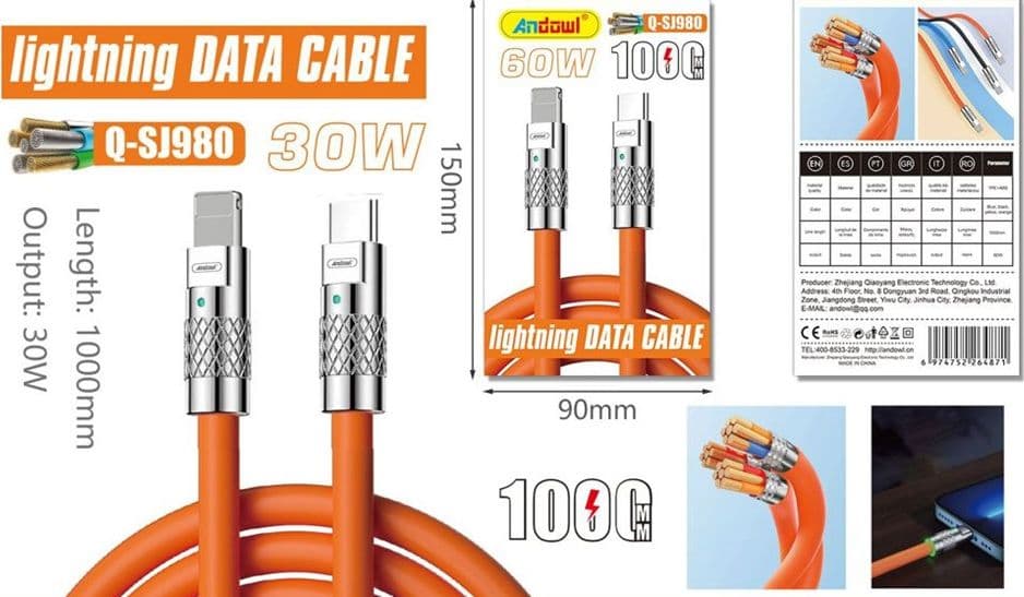 CAVO PER TRASFERIMENTO DATI RICARICA RAPIDA Q-SJ980 DA TYPE-C A LIGHTNING 30W DA 1 MT - 2