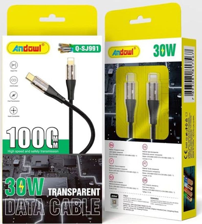 CAVO DATI TYPE-C A LIGHTNING DESIGN TRASPARENTE 30W 1MT TRASMISSIONE ALTA VELOCITÀ Q-SJ991 - 2