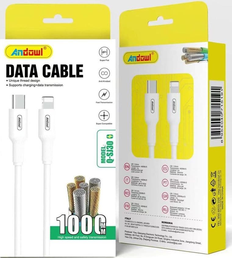 CAVO RICARICA TRASMISSIONE DATI AD ALTA VELOCITÀ DA TYPE-C A LIGHTNING 3A DA 1 MT Q-SJ30 - 2