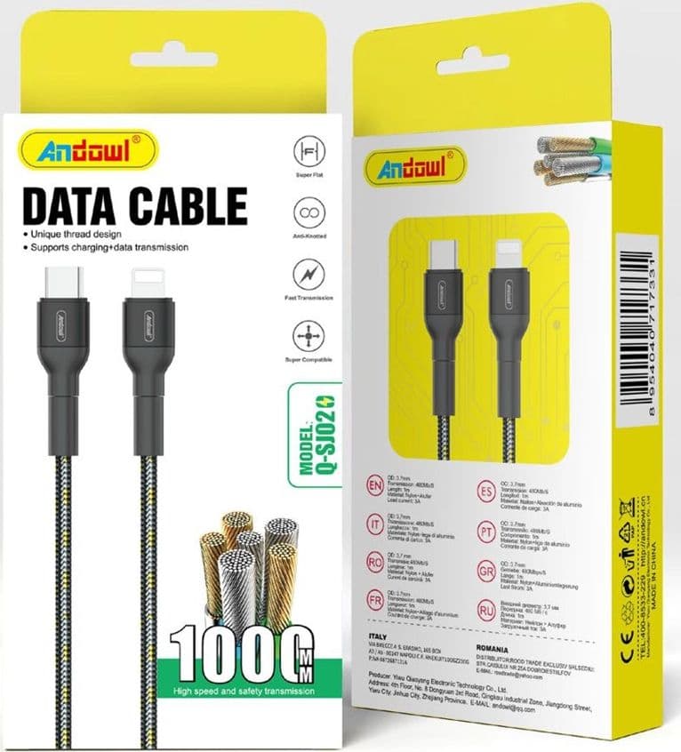 CAVO DI RICARICA TRASFERIMENTO DATI INTRECCIATO DA 1 MT DA TYPE-C A LIGHTNING Q-SJ02 - 2