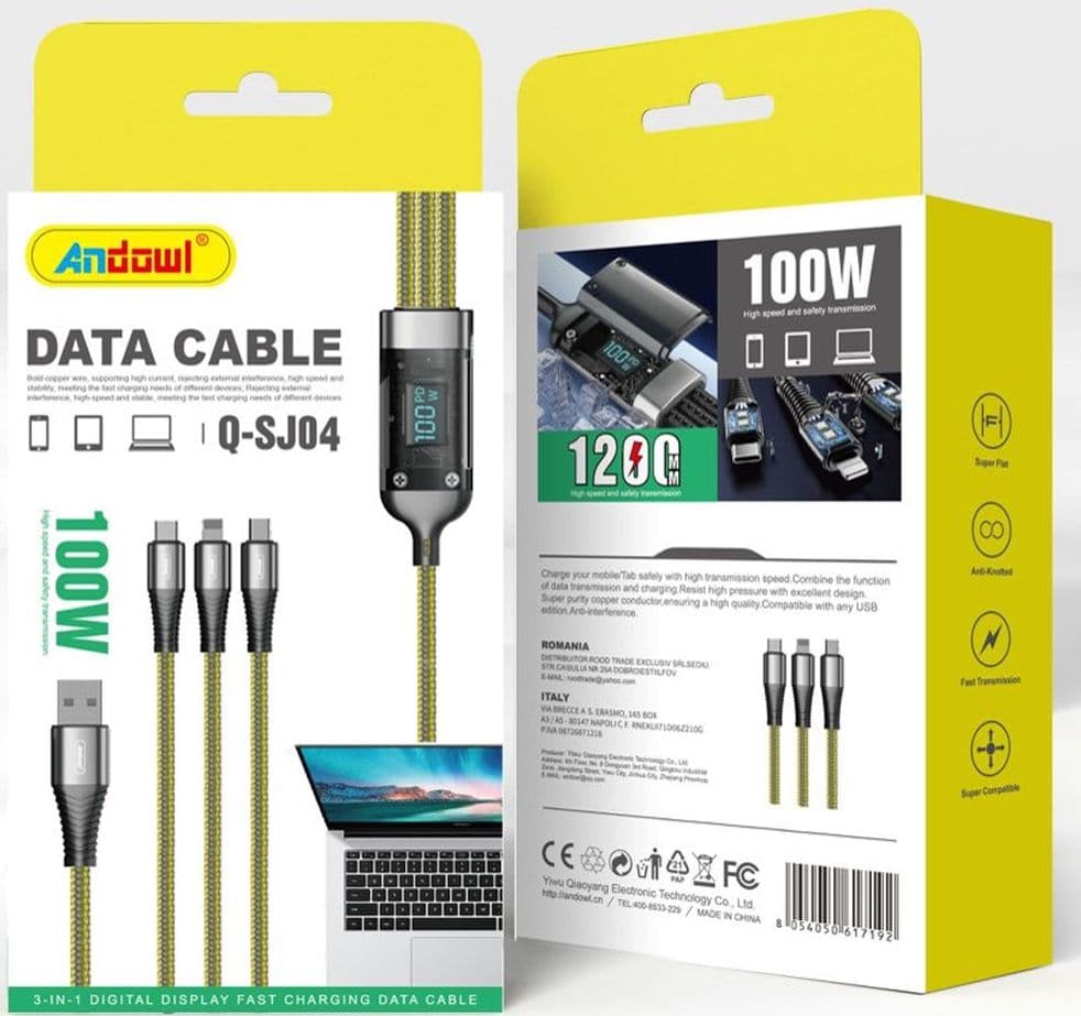 CAVO DATI RICARICA RAPIDA 3IN1 DISPLAY DIGITALE 100W USB A MICROUSB TYPE-C LIGHTNING Q-SJ04 - 2