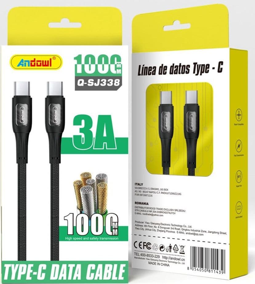 CAVO DATI USB 2.0 DA TYPE-C A TYPE-C 3A 1 MT TRASMISSIONE AD ALTA VELOCITÀ Q-SJ338 - 2