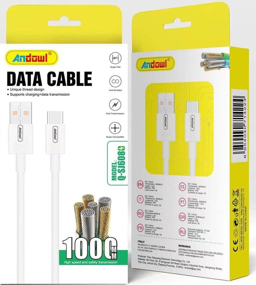 CAVO TRASMISSIONE DATI RICARICA VELOCITÀ USB A TYPE-C 3A 1MT FLESSIBILE ANTI-NODI Q-SJ608 - 2