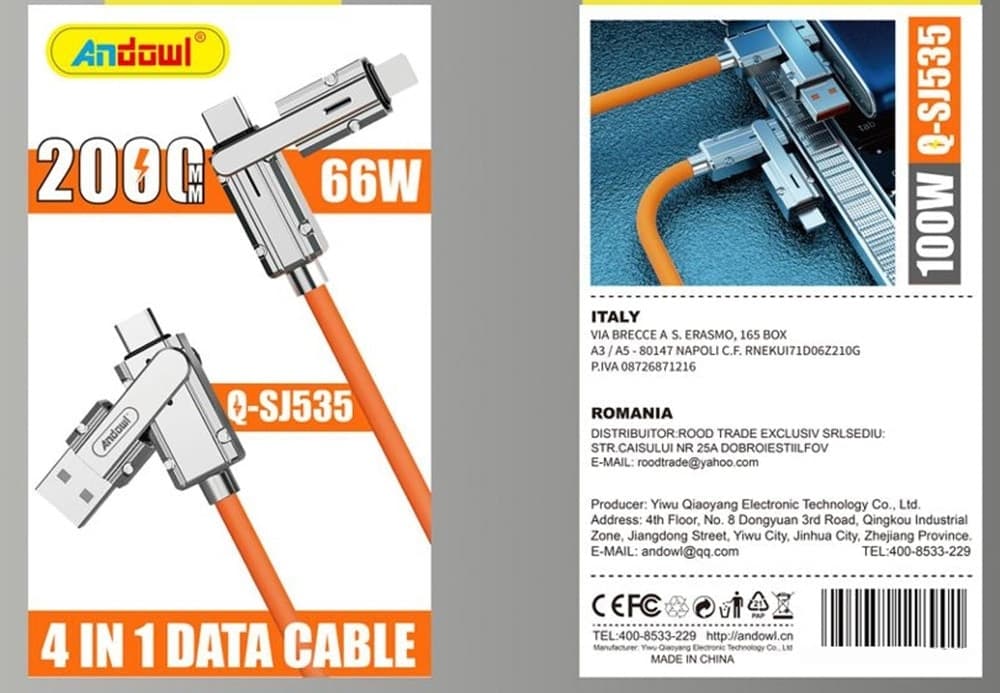 CAVO USB MULTIPORTA TRASFERIMENTO DATI RICARICA RAPIDA 4IN1 2MT CONNETTORE A GOMITO Q-SJ535 - 2
