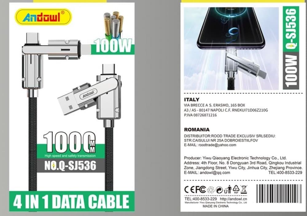 CAVO RICARICA RAPIDA TRASFERIMENTO DATI DA 1 MT 100W MULTI-CONNETTORE 4 IN 1 Q-SJ536 - 2